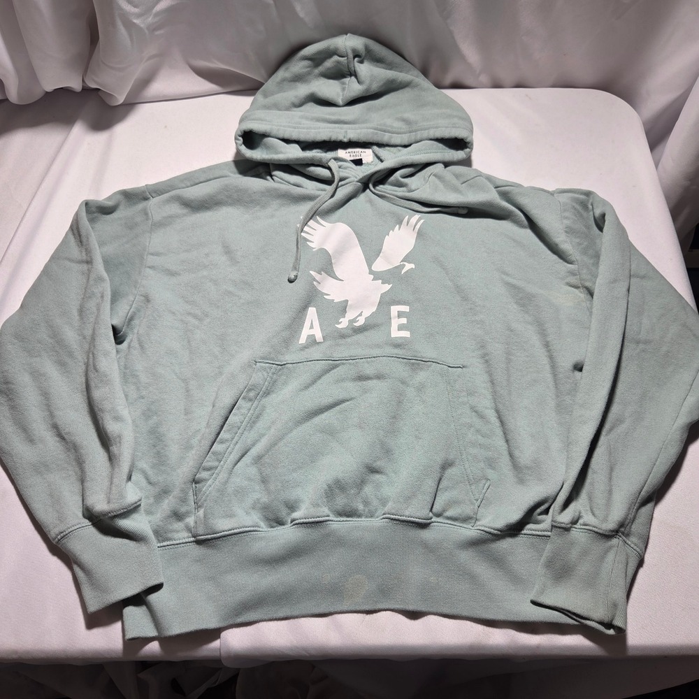 American Eagle Relaxed Fit Hoodie Sage Green Eagle Logo Graphic Sweatshirt Small